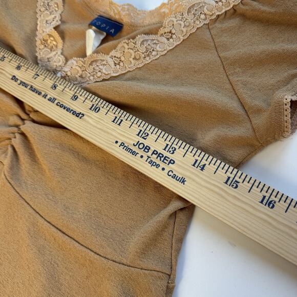 Vintage Y2K Babydoll Top Women's M Tan Cap Sleeve Coquette Festival Lace Dainty - Picture 5 of 6